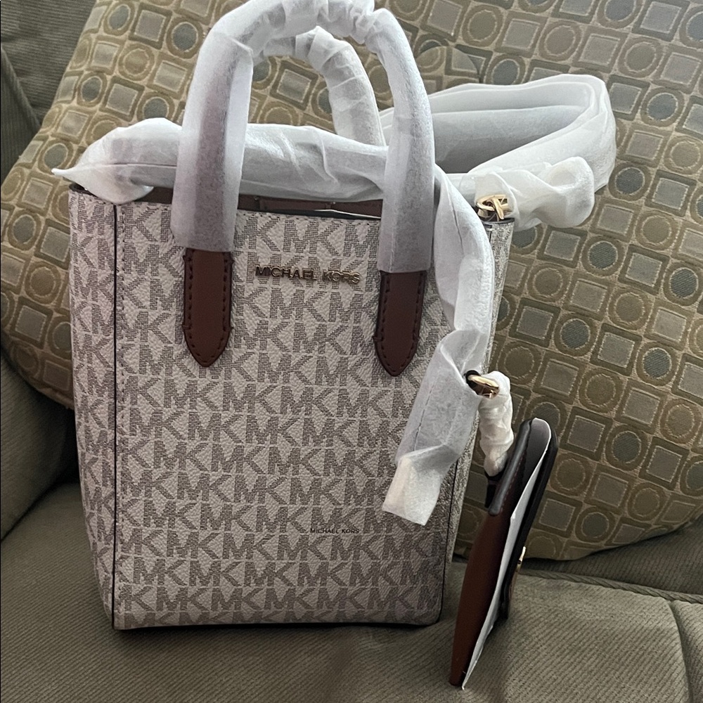 Michael Kors Beige Brown Monogram Small Crossbody Tote